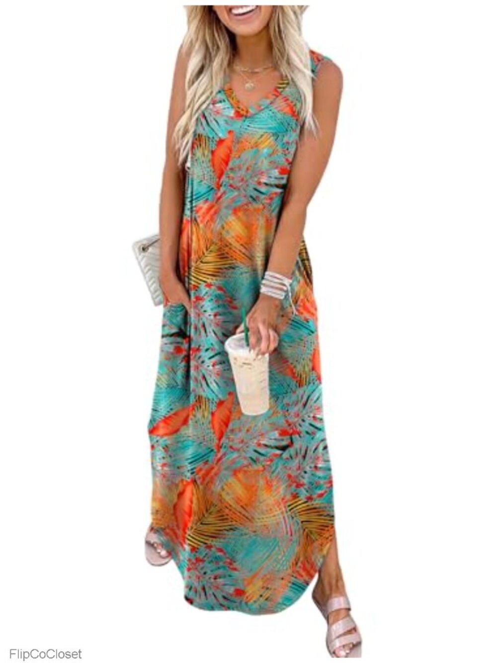 V-Neck Sleeveless Maxi Dress with Pockets Summer Beach Vacation